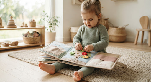 Child engaged in quiet book play